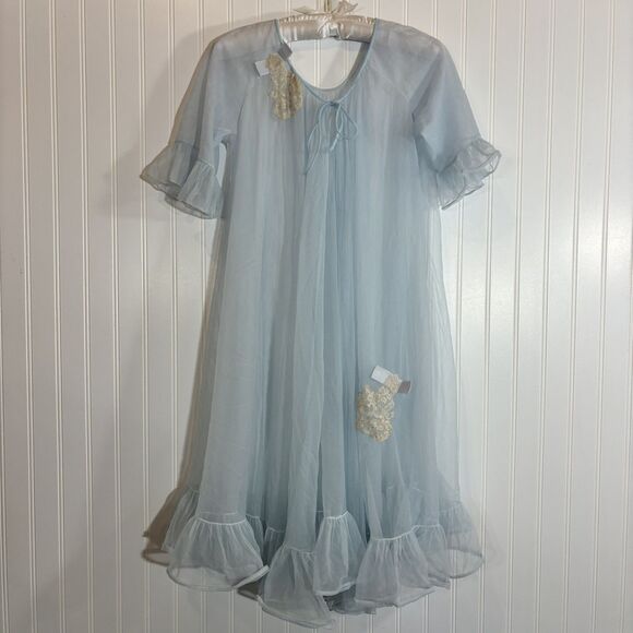 Other - Vtg Lisette Lingerie Blue Lace Chiffon Robe Sz Med Peignoir Negligee Sheer Lace